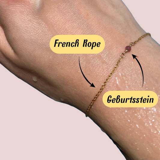 Tragebild 14k gold filled Armband "French Rope" mit Geburtsstein Anhänger als Permanent Armband, wasserfest