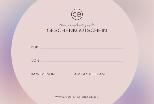 ConstanBrace Geschenkgutschein Vorderseite – liebevoll gestaltet mit Herz & Goldakzent, ideal zum Verschenken